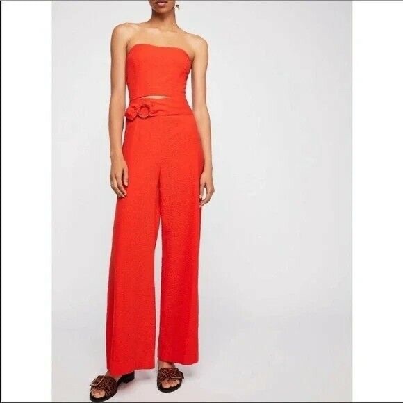 Free People Pants - Free People Strapless Jumpsuit Cutaway Stomach Wide Leg SZ 2 Orange Red